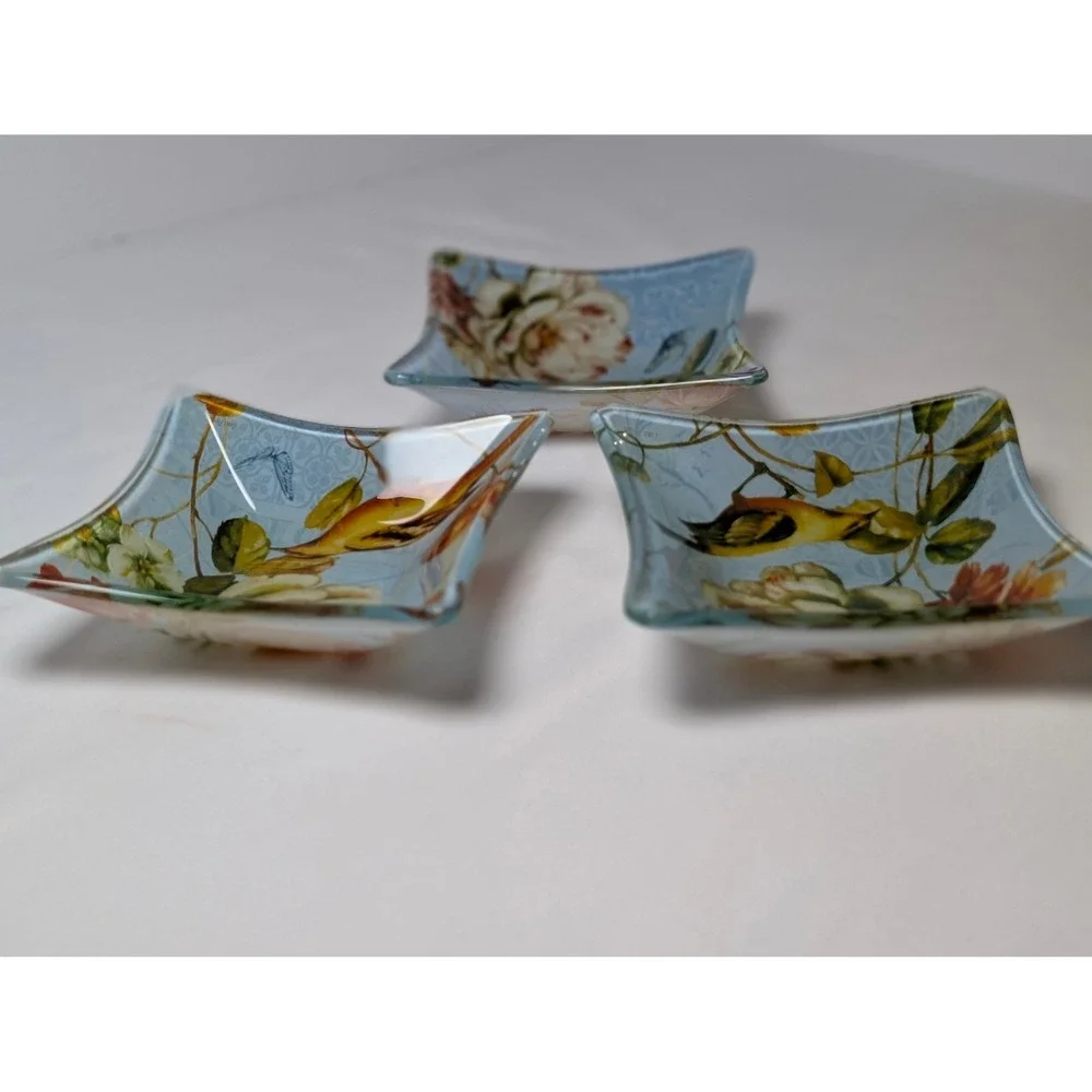 Set of 3 Lisa Audit Glass Trinket‎ Dishes Floral Bird Butterfly Square Blue